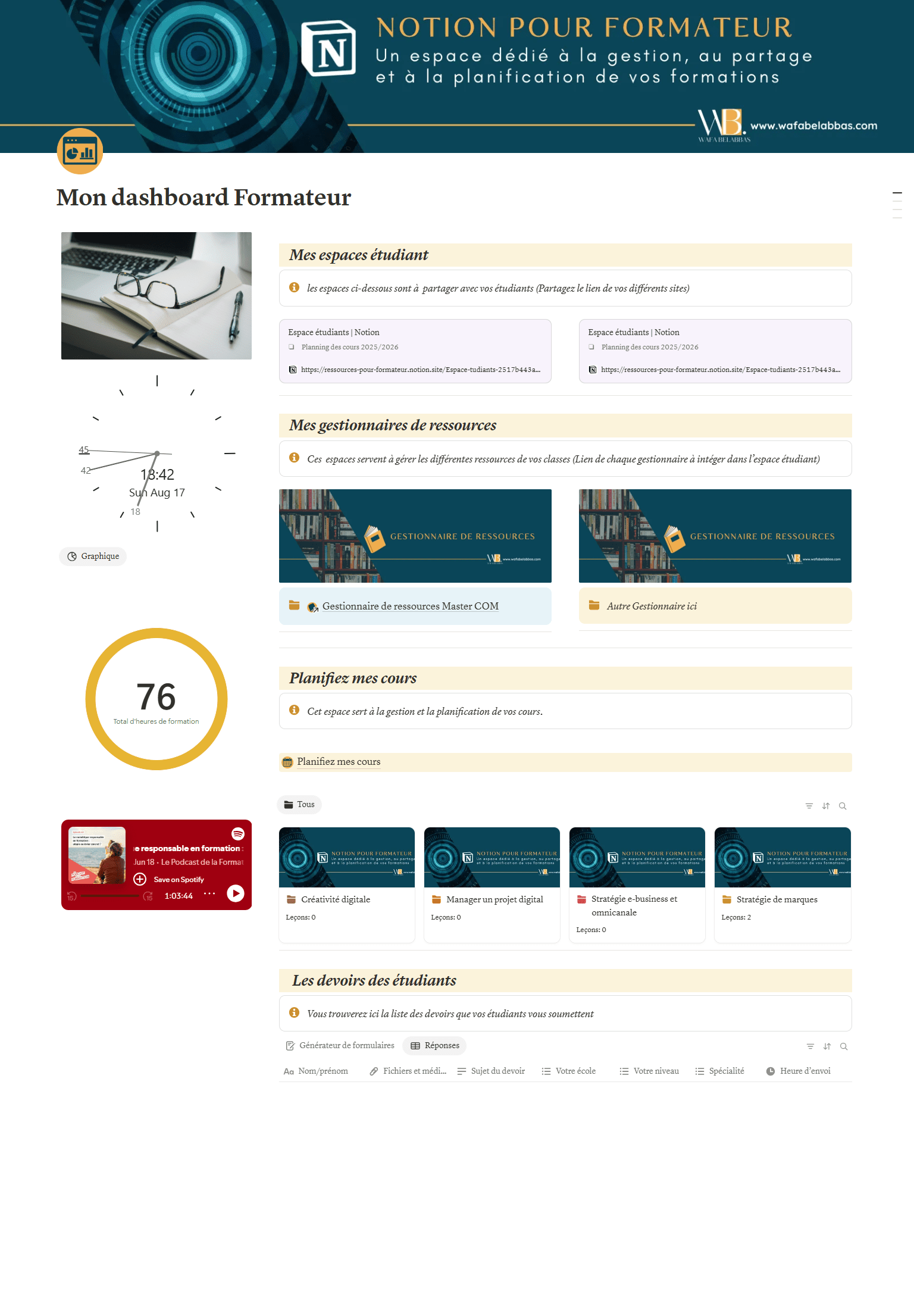 Dashboard formateur avec Notion