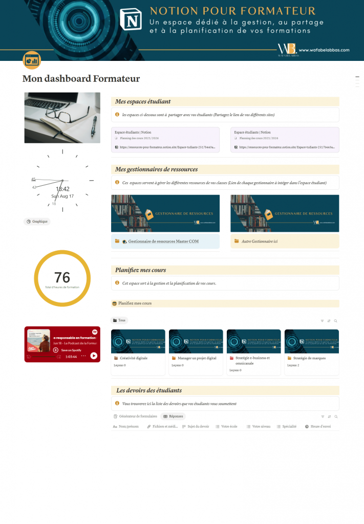 Dashboard formateur avec Notion